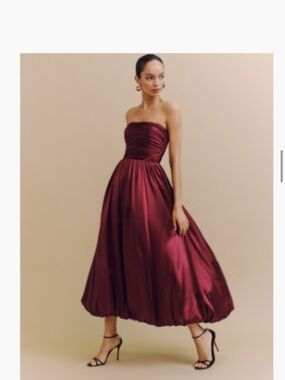 Reformation Strapless satin Midi Dress in Burgundy